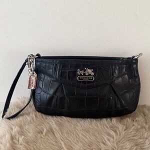 COACH Black Leather XL Croco Wristlet